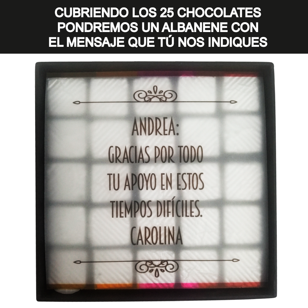 Caja Rígida 25 Chocolates, Puebla diseño: "Gracias por tu Amistad (Madera Negra)"