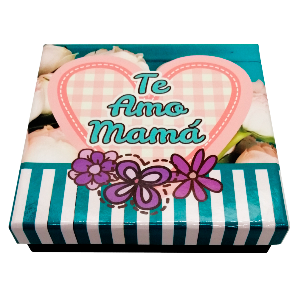 Caja Rígida 25 Chocolates, Puebla diseño: "Te Amo Mamá Rosas Blancas"