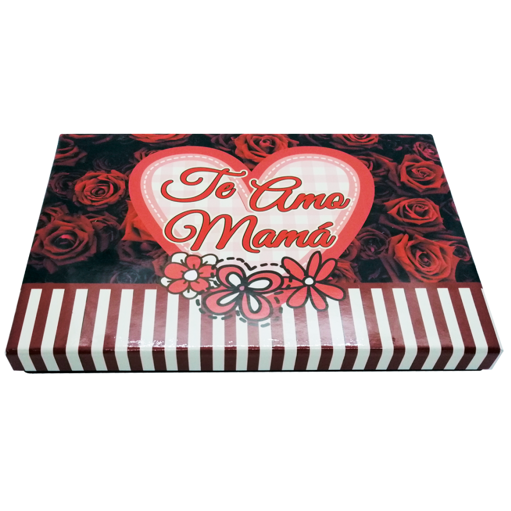 Caja Rígida 5 Rosas, 10 bolsas 25 g. Londres diseño: "Te Amo Mamá (Rosas Rojas)" (Sólo la enviamos a la CdMx)