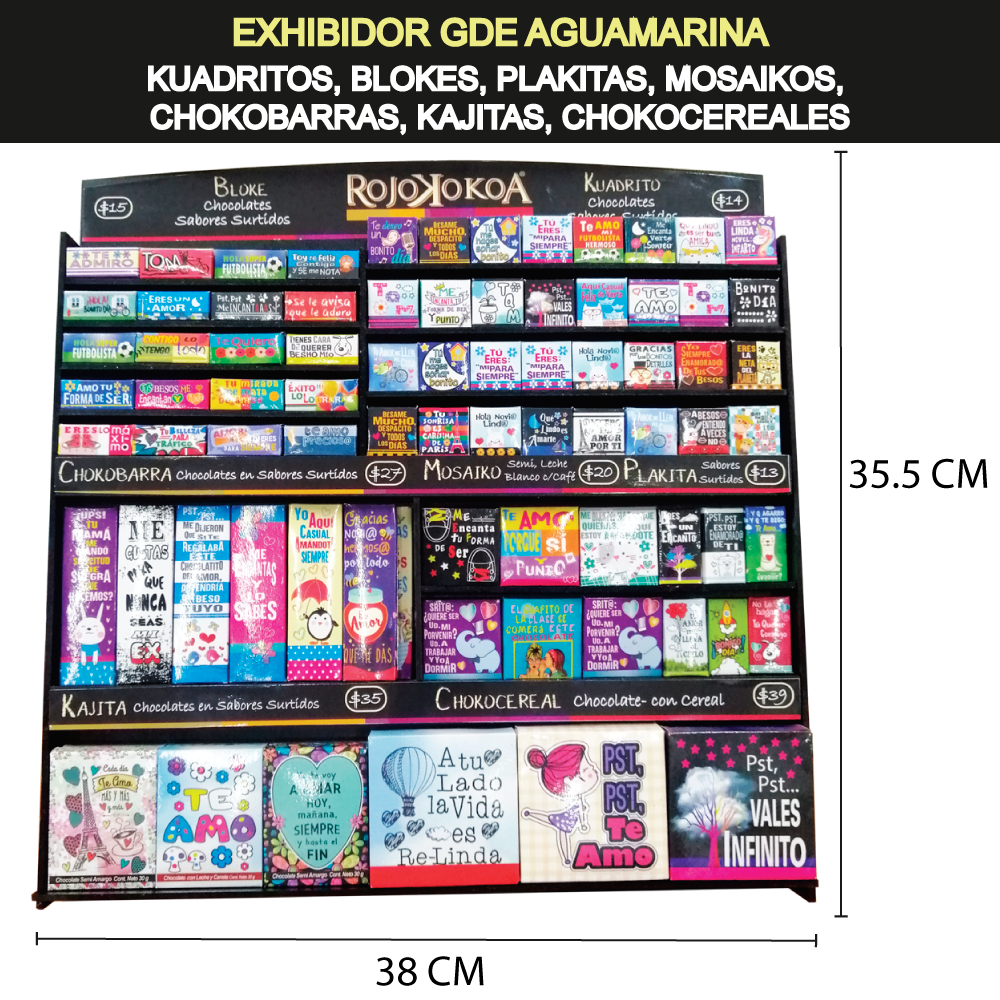 Exhibidor Gde Aguamarina para: 64 Kuadritos, 40 Blokes, 12 Plakitas, 12 Mosaikos,18 Chokobarras, 12 Kajitas, 12 Chokocereales.