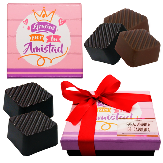 Caja Rígida 25 Chocolates, Puebla diseño: "Gracias por tu Amistad (Madera Rosa)"