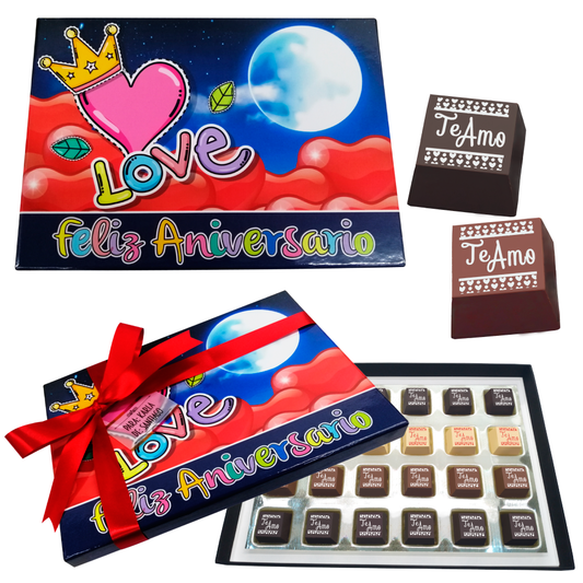 Caja Rígida Londres 24 Chocolates diseño: "Feliz Aniversario - Love" (Sólo la enviamos a la CdMx)