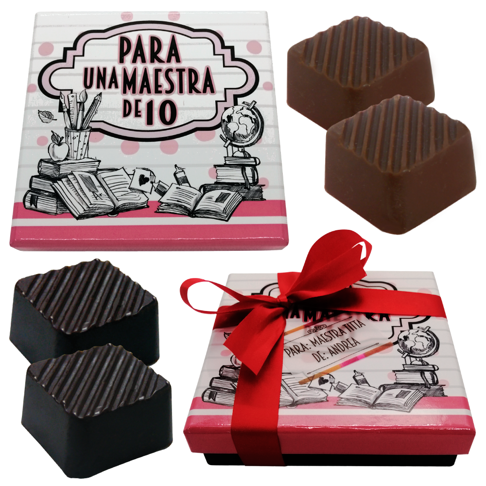 Caja Rígida 25 Chocolates, Puebla diseño: "Para una maestra de 10"