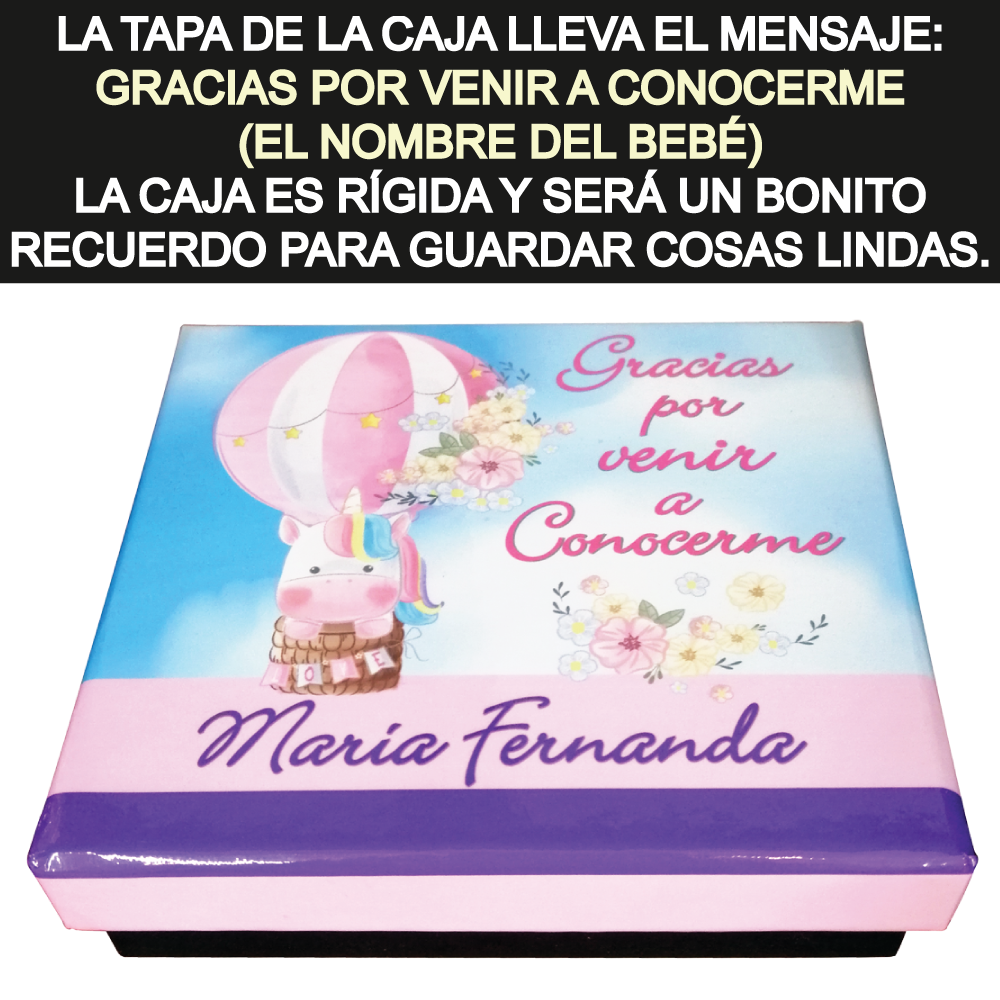 Caja Rígida con 27 Chocolates "Gracias por Venir a Conocerme". Diseño: Unicornio en Globo